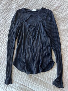 LNA Black Ribbed Long Sleeve Top with Front Cutout